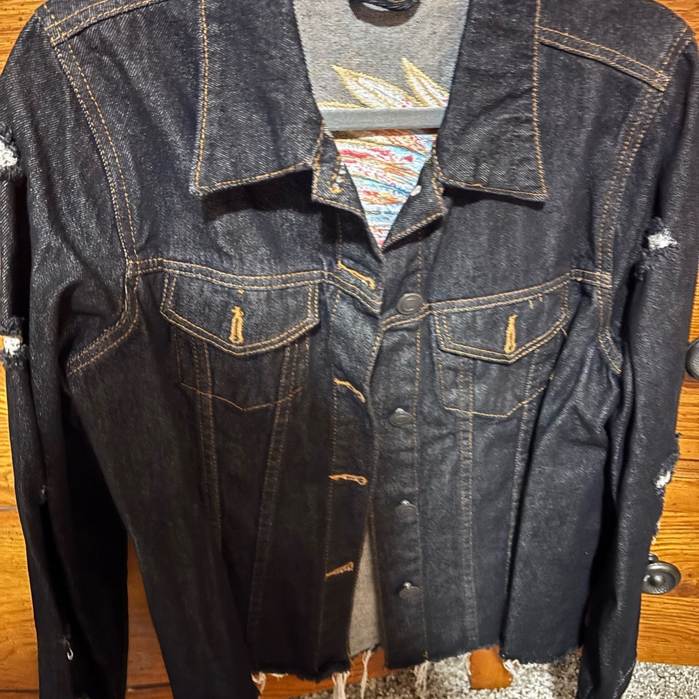 Black Denim Jacket with Colorful Feather Embroidery/sequins by Rockin C - Picture 3 of 4